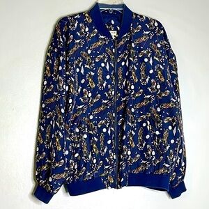 Vintage Silk Bomber Jacket golf club all over print blue full zip. Medium